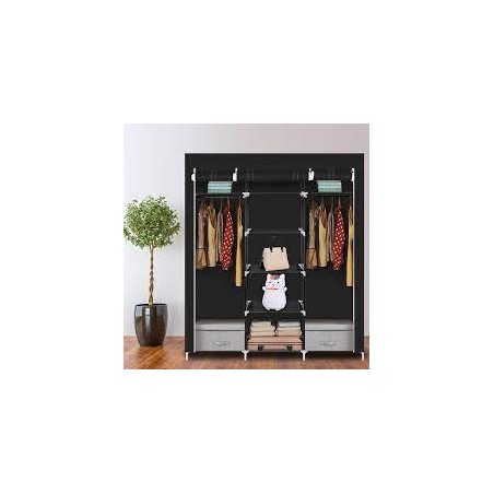 69" Portable Clothes Closet Non-Woven Fabric Wardrobe Double Rod Storage Organizer Black