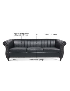 83.46'' PU Rolled Arm Chesterfield Three Seater Sofa.