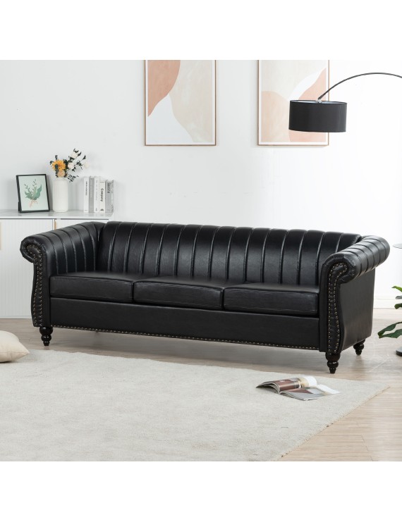 83.46'' PU Rolled Arm Chesterfield Three Seater Sofa.