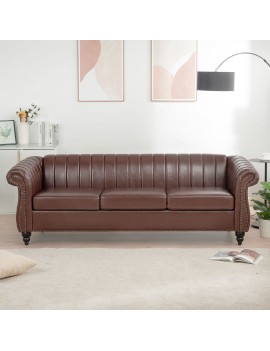 83.46'' PU Rolled Arm Chesterfield Three Seater Sofa.